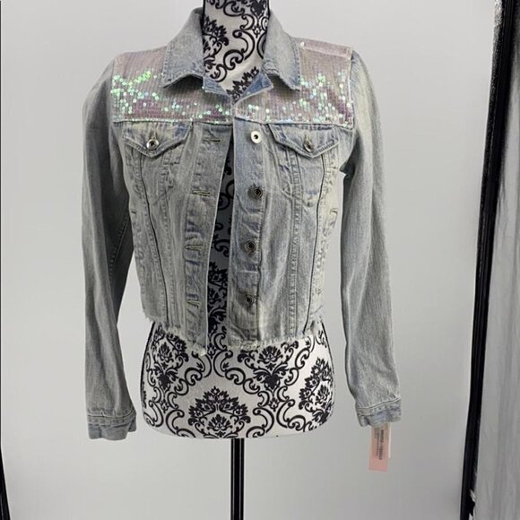 Sunset & Spring “Mermaid” Light Wash Sequin Denim Jacket, Size XS - Picture 5 of 13